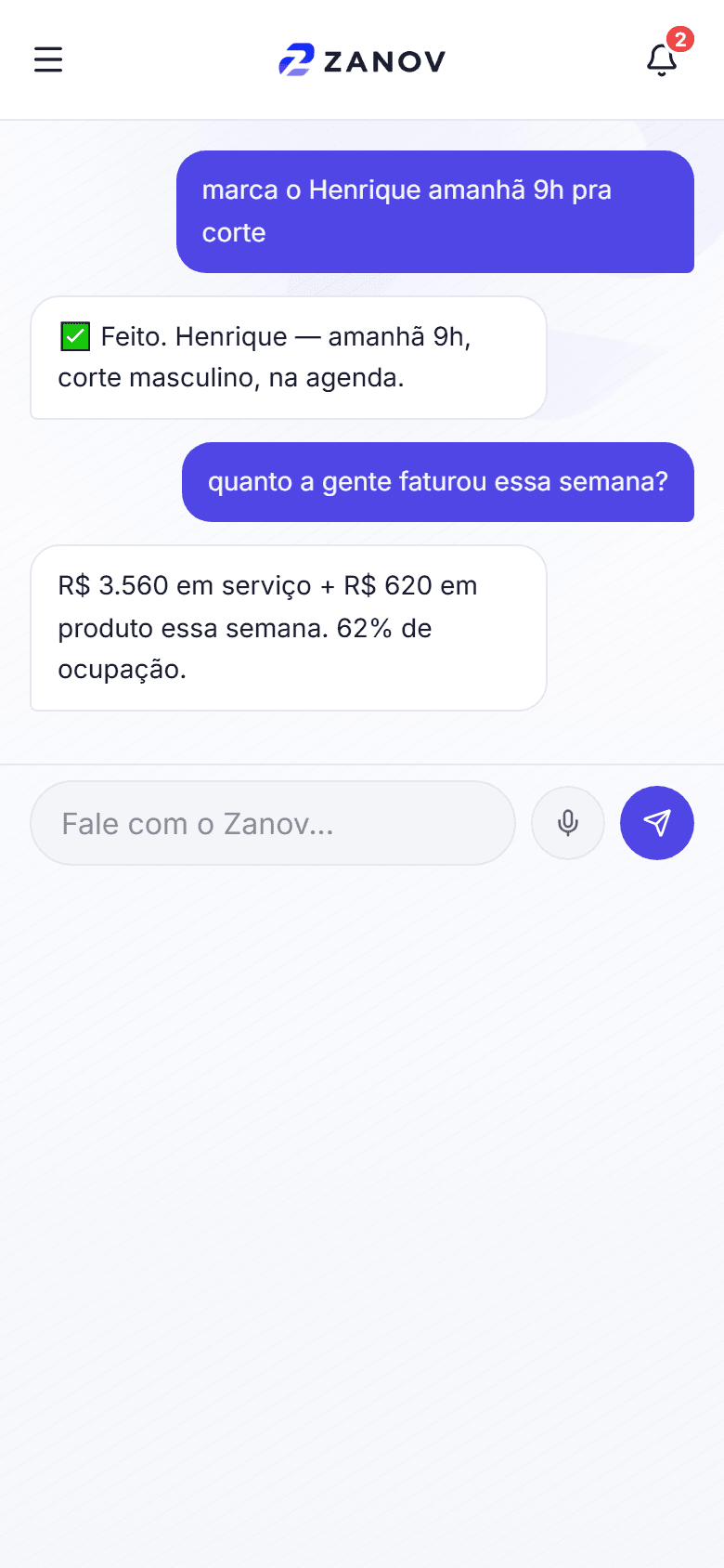 Conversa com o assistente do Zanov marcando um horário e respondendo o faturamento da semana